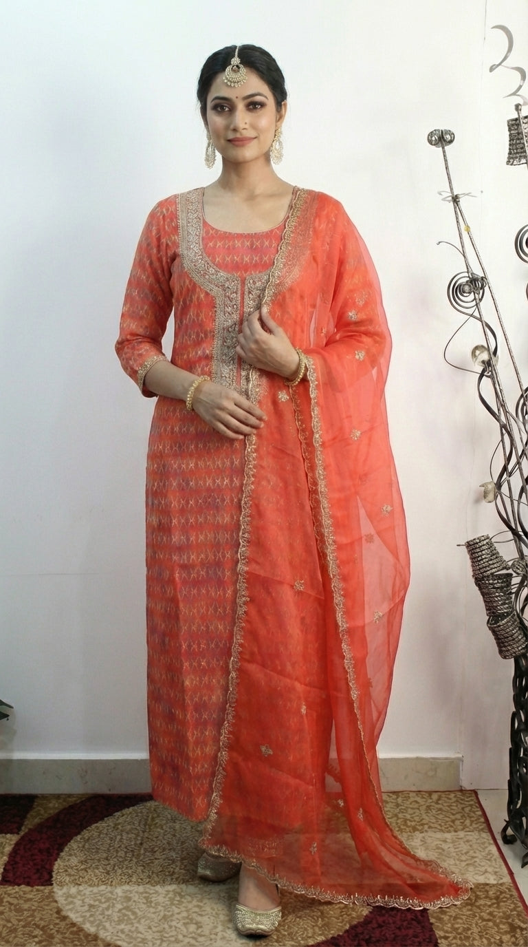 Coral Cotton Organza Unstitched Suit Fabric