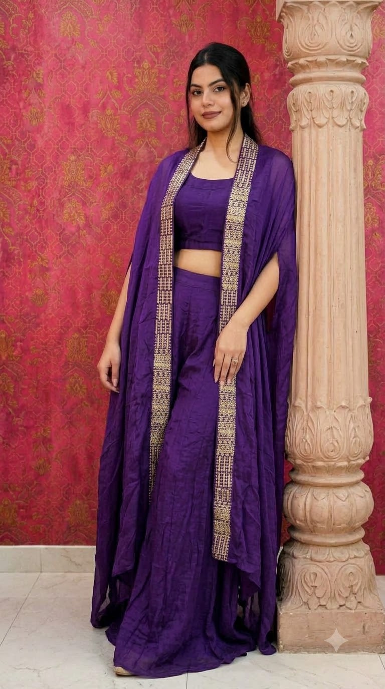 Elegant Purple 3-Piece Co-Ord Set with Embroidered Border Long Shrug