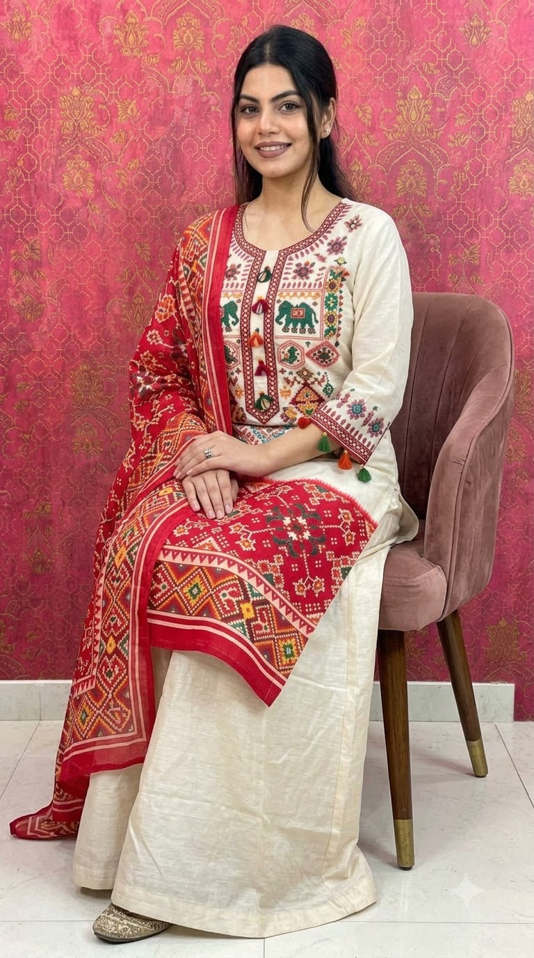 Off-White and Red Ethnic Printed Kurta Set with Printed Dupatta