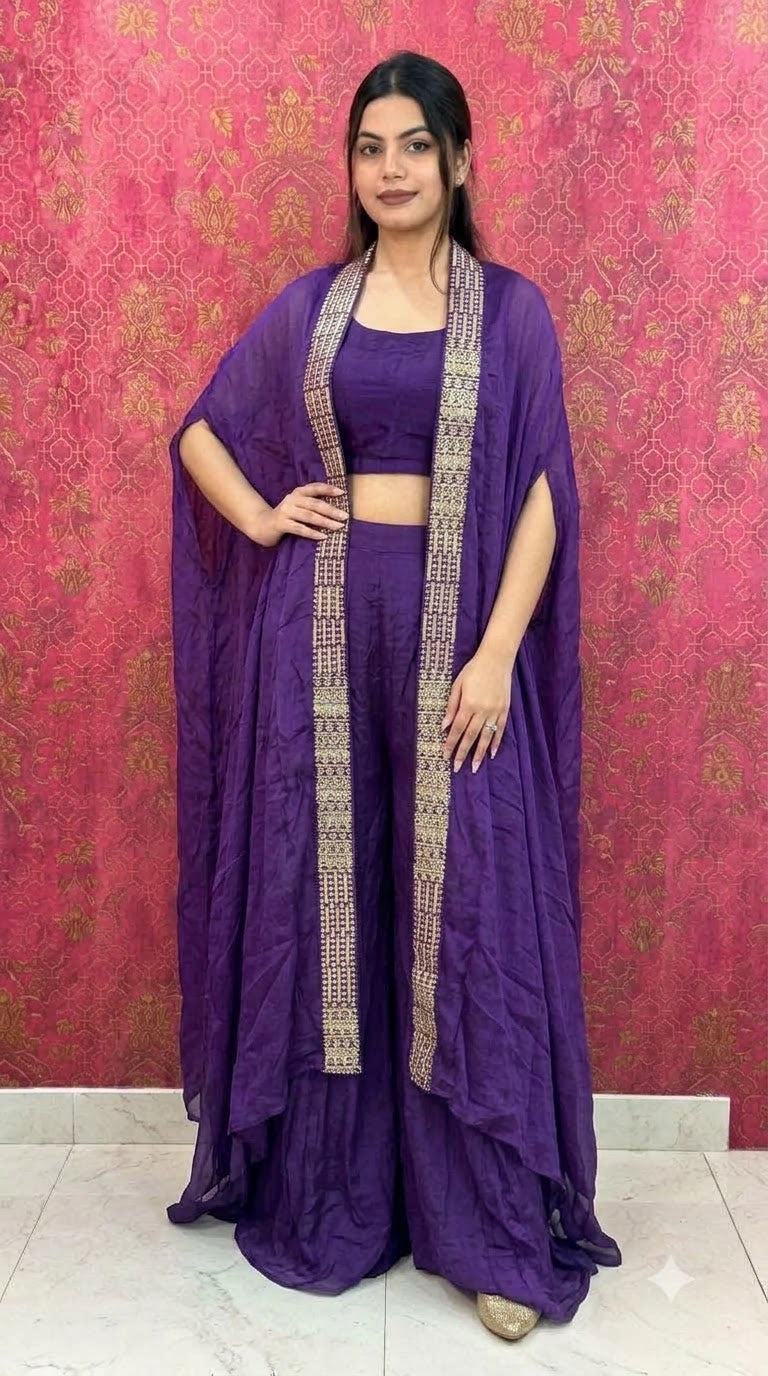 Elegant Purple 3-Piece Co-Ord Set with Embroidered Border Long Shrug