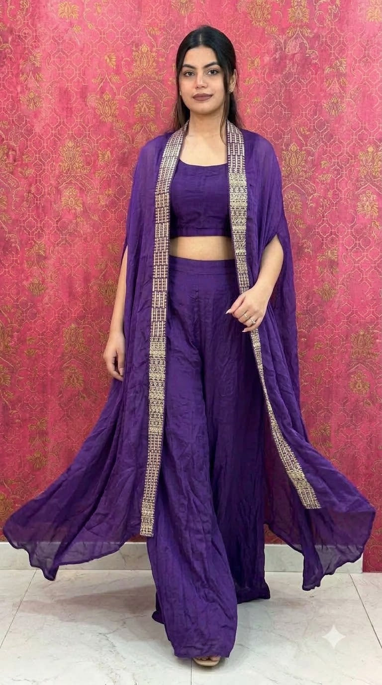 Elegant Purple 3-Piece Co-Ord Set with Embroidered Border Long Shrug