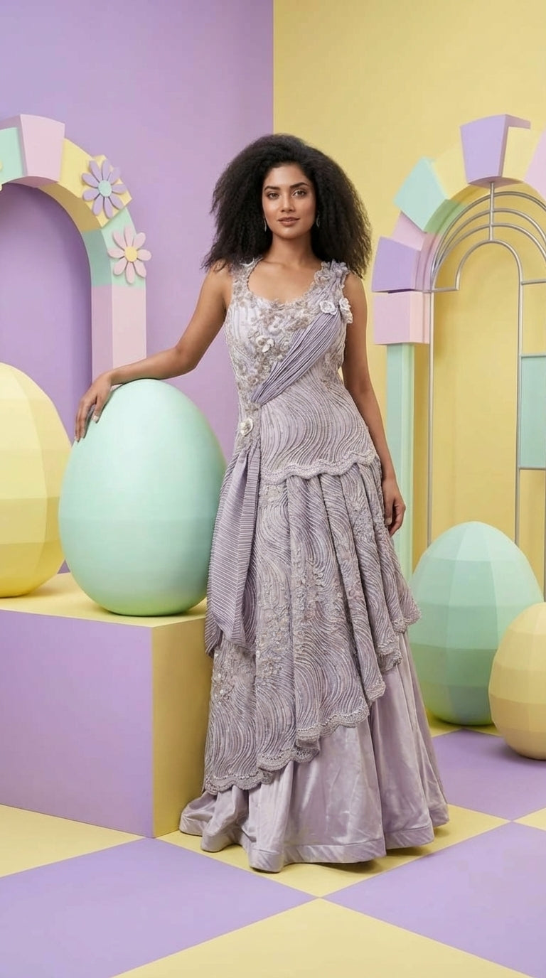 Silver Grey Embellished Draped Evening Gown with Textured Detail