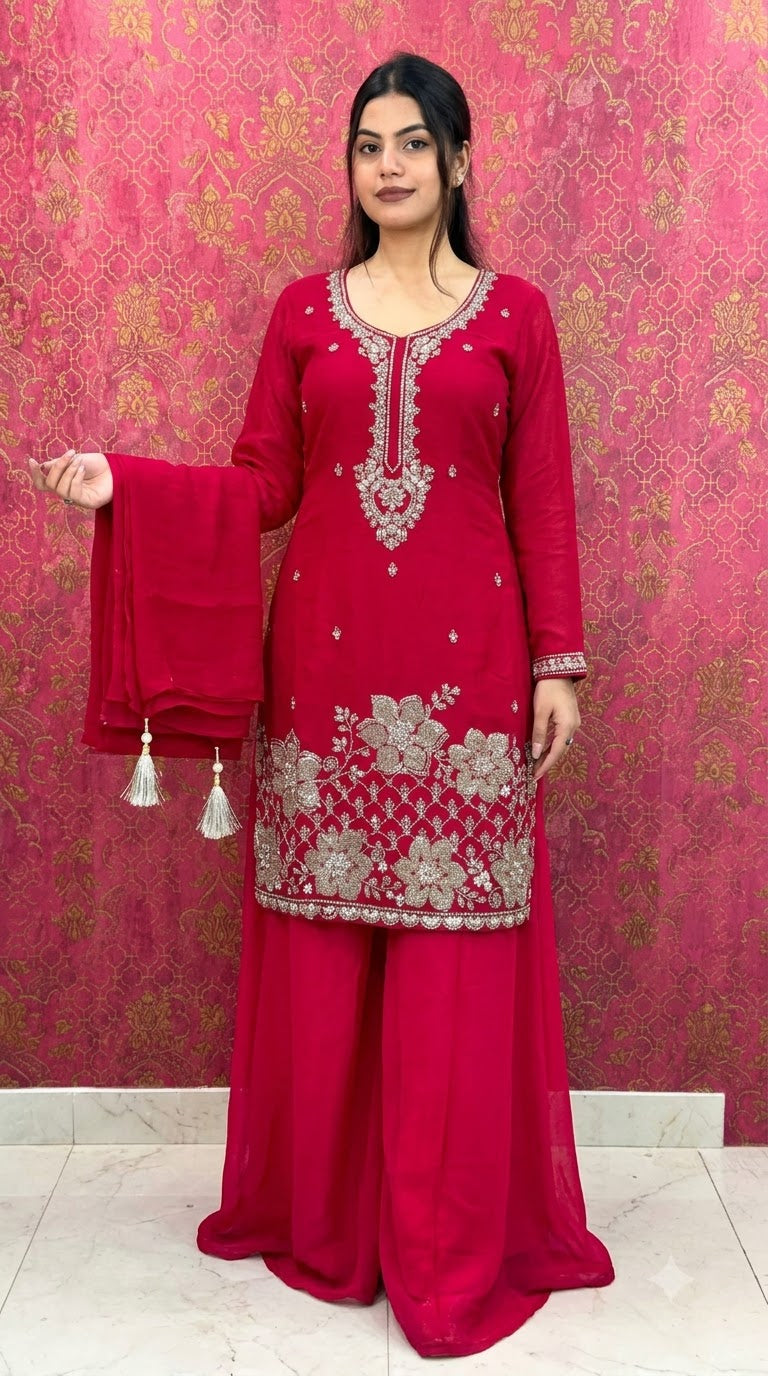 Elegance Magenta Pink Kurta Set with Dupatta and Flared Sharara Bottoms