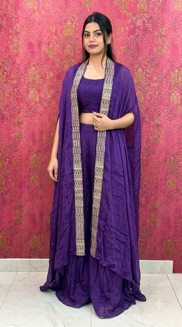 Elegant Purple 3-Piece Co-Ord Set with Embroidered Border Long Shrug