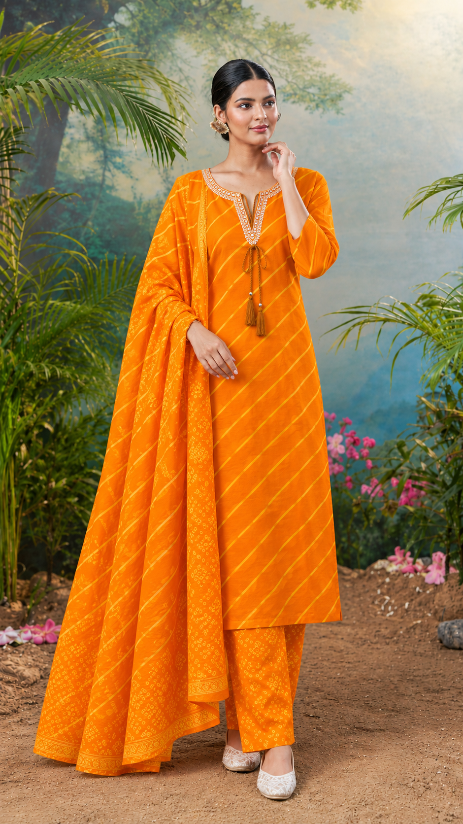 Vibrant Orange Printed Kurta Set with Matching Dupatta
