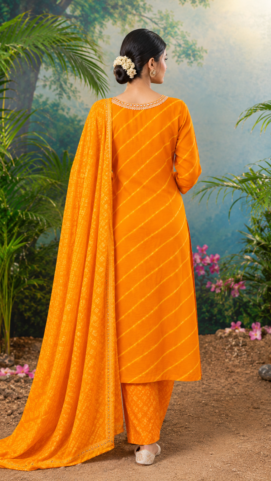 Vibrant Orange Printed Kurta Set with Matching Dupatta