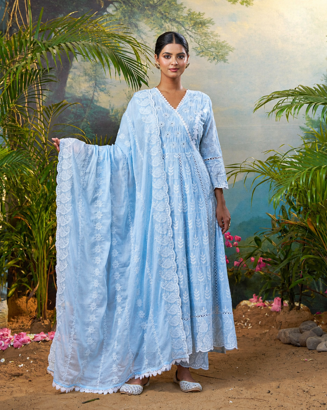 Roopkriti Pastel Blue Printed Design Anarkali Suit Set With Matching Dupatta