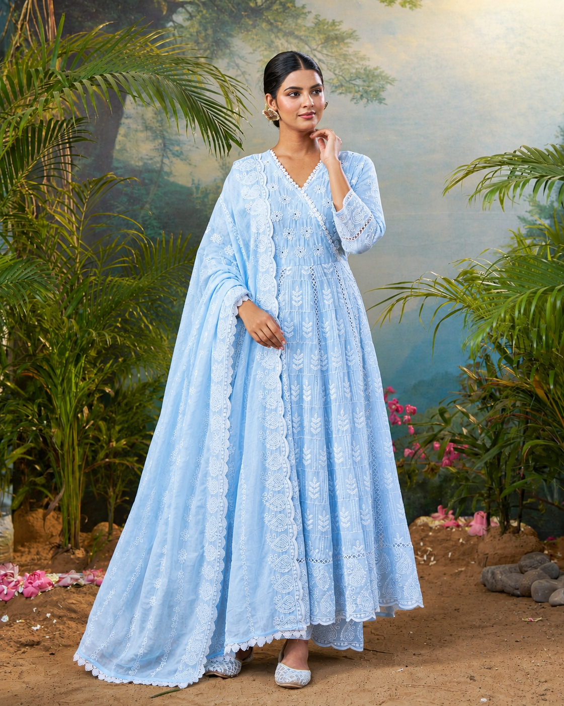 Roopkriti Pastel Blue Printed Design Anarkali Suit Set With Matching Dupatta