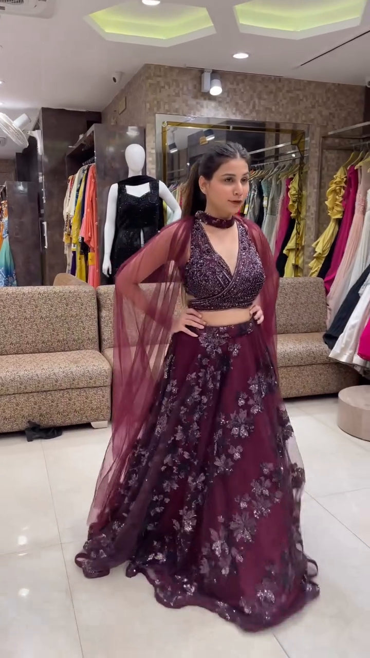 Royal Purple Designer Lehenga Choli with Matching Cape and Subtle Detailing
