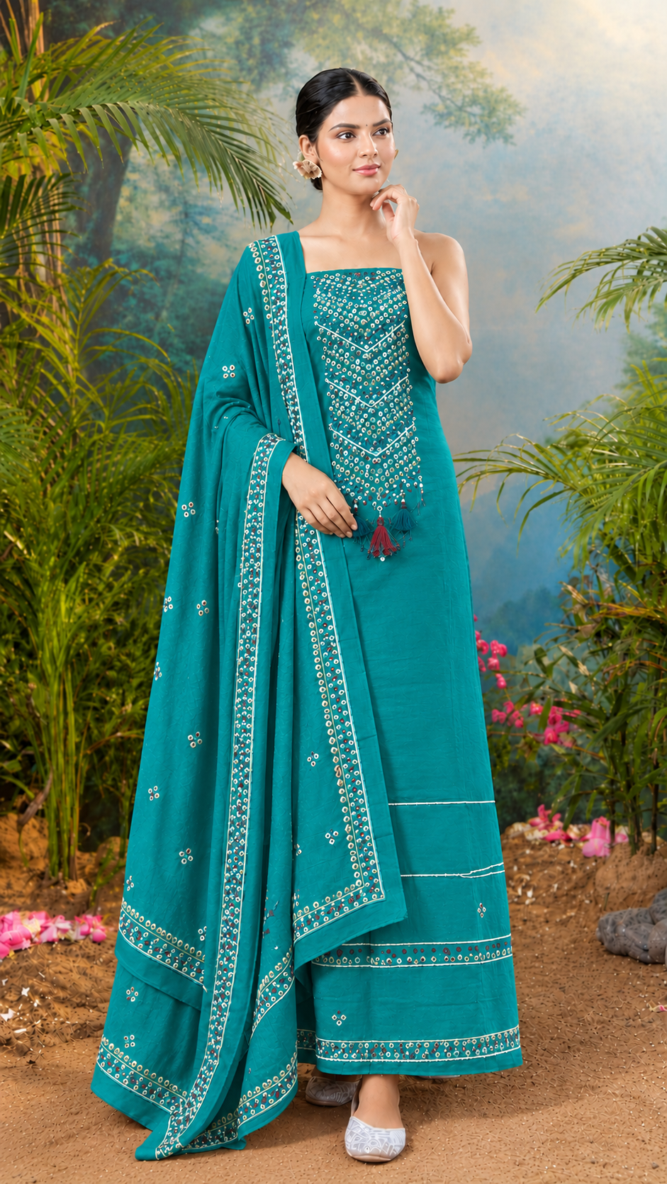 Unstitched Suit Set with Printed Dupatta and Yoke Detailing
