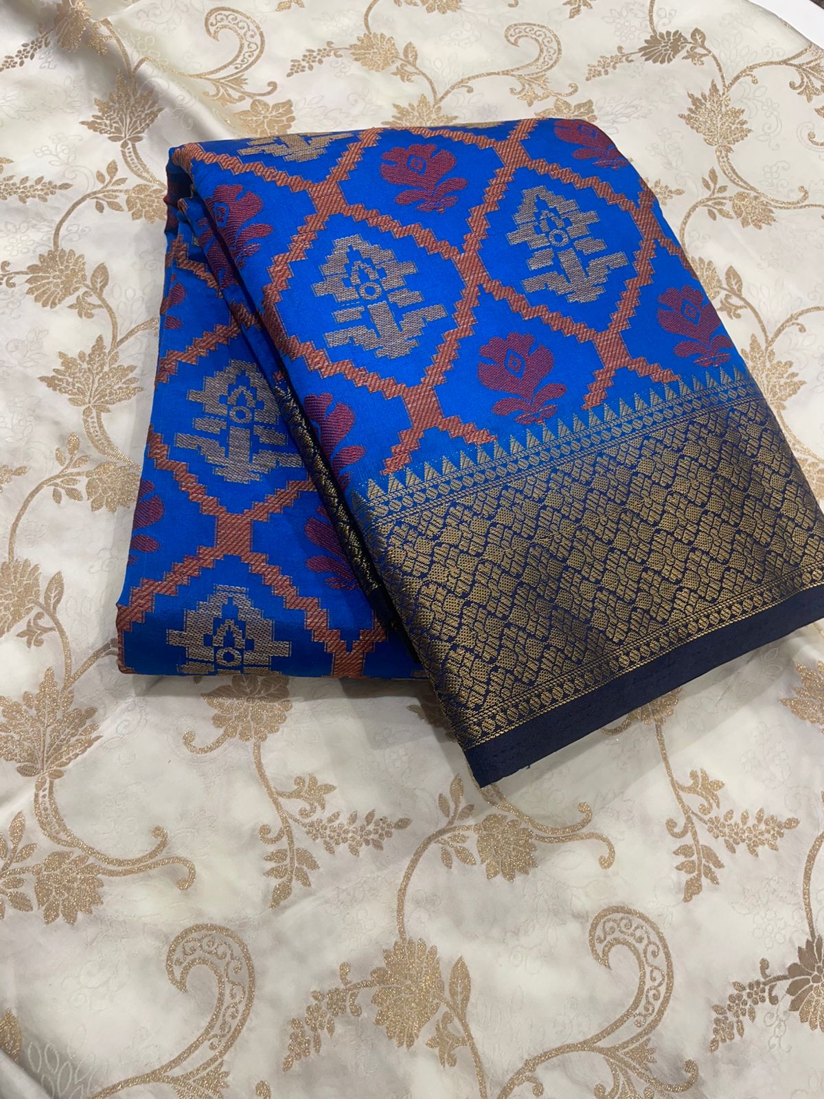 Royal Blue Patola Cotton Saree With Rich Zari Border