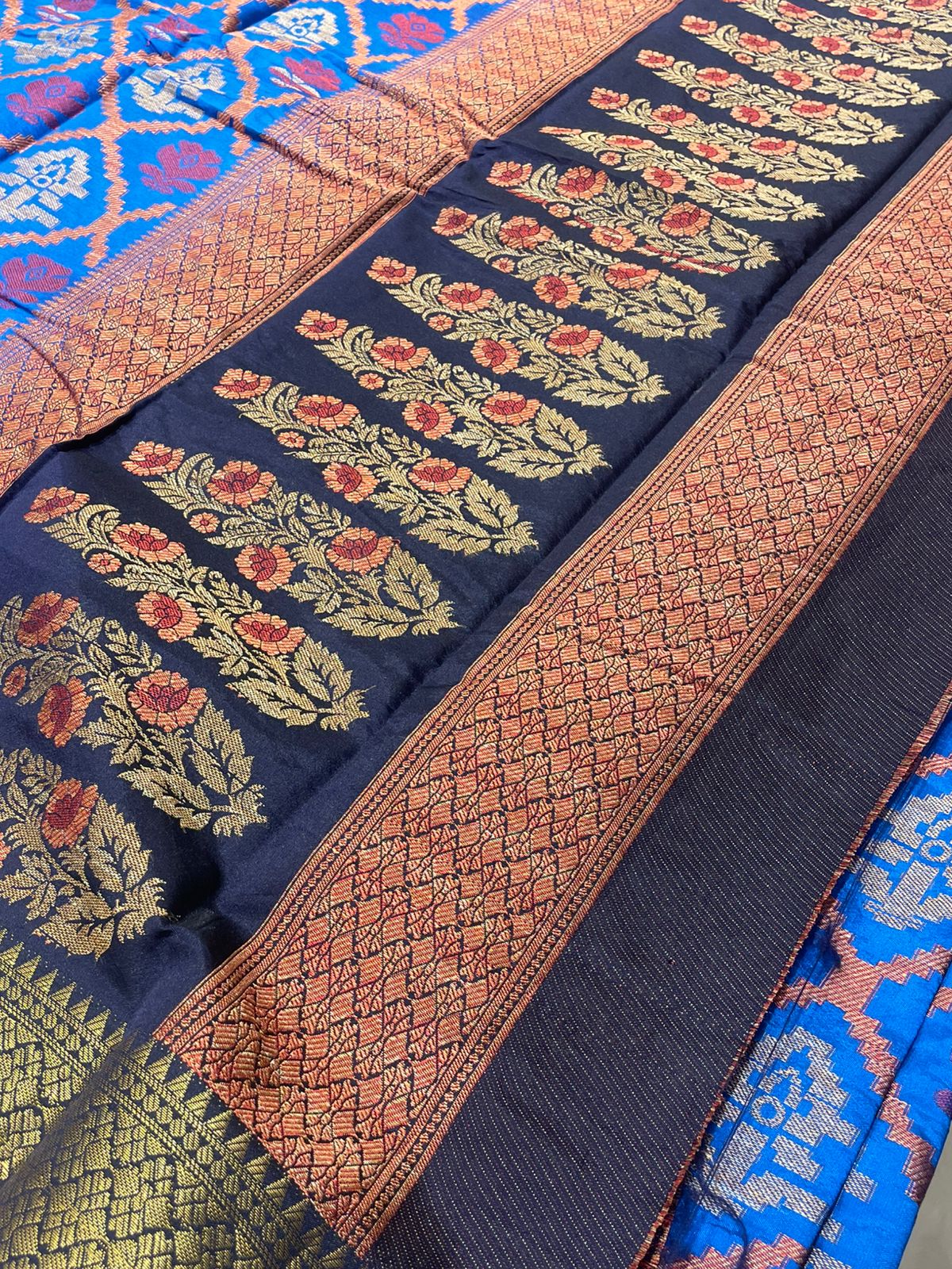 Royal Blue Patola Cotton Saree With Rich Zari Border