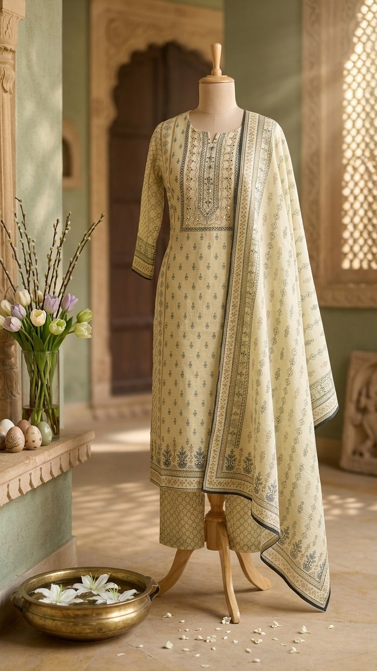 Light Biege Green Suit Set With A Beautiful Dupatta