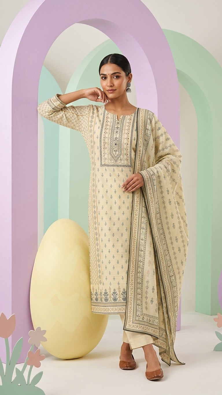 Light Biege Green Suit Set With A Beautiful Dupatta