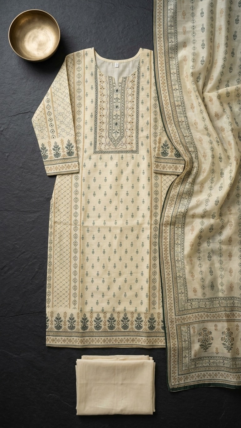 Light Biege Green Suit Set With A Beautiful Dupatta
