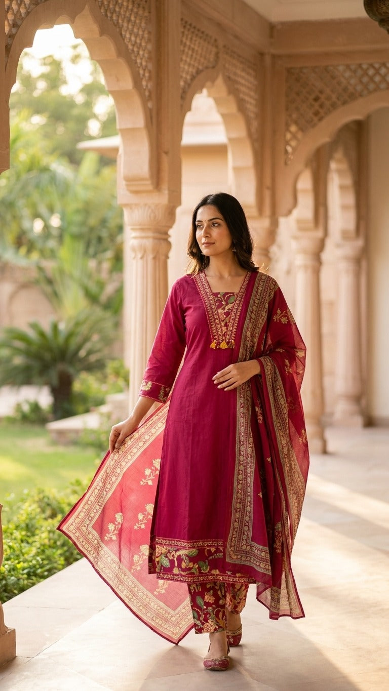 Pretty Maroon Suit Set With Soft Dupatta