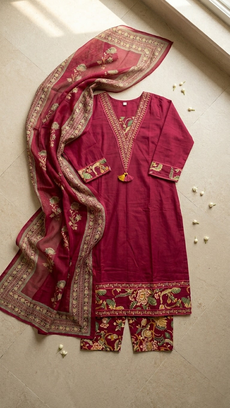 Pretty Maroon Suit Set With Soft Dupatta
