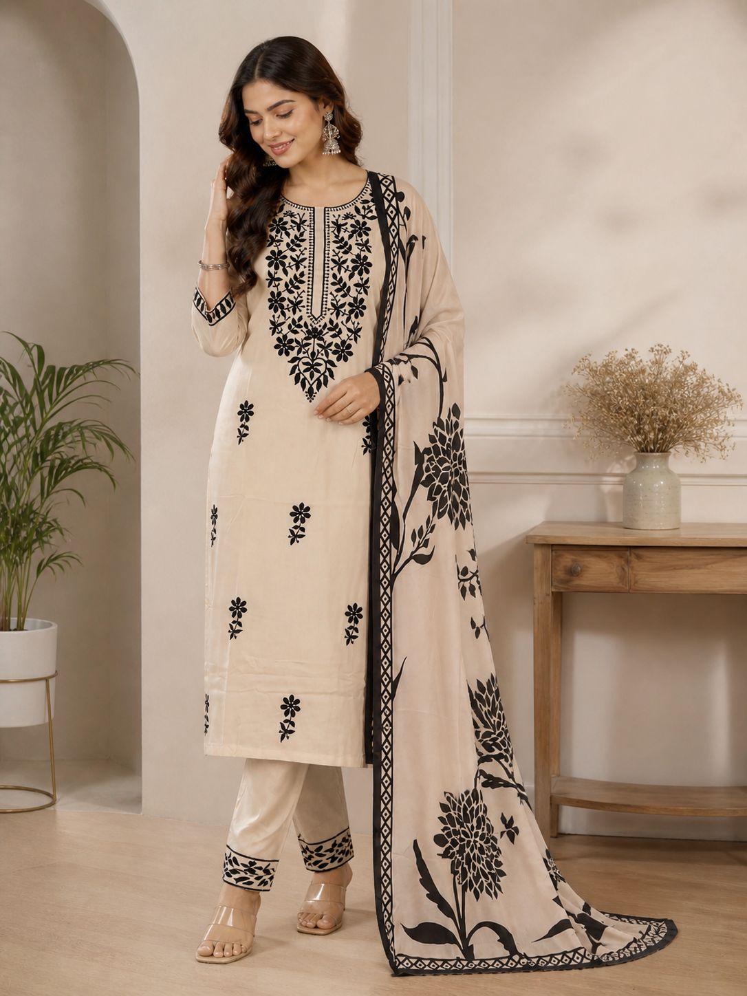 Beautiful Cotton Suit Set With Delicate Neck Embroidery