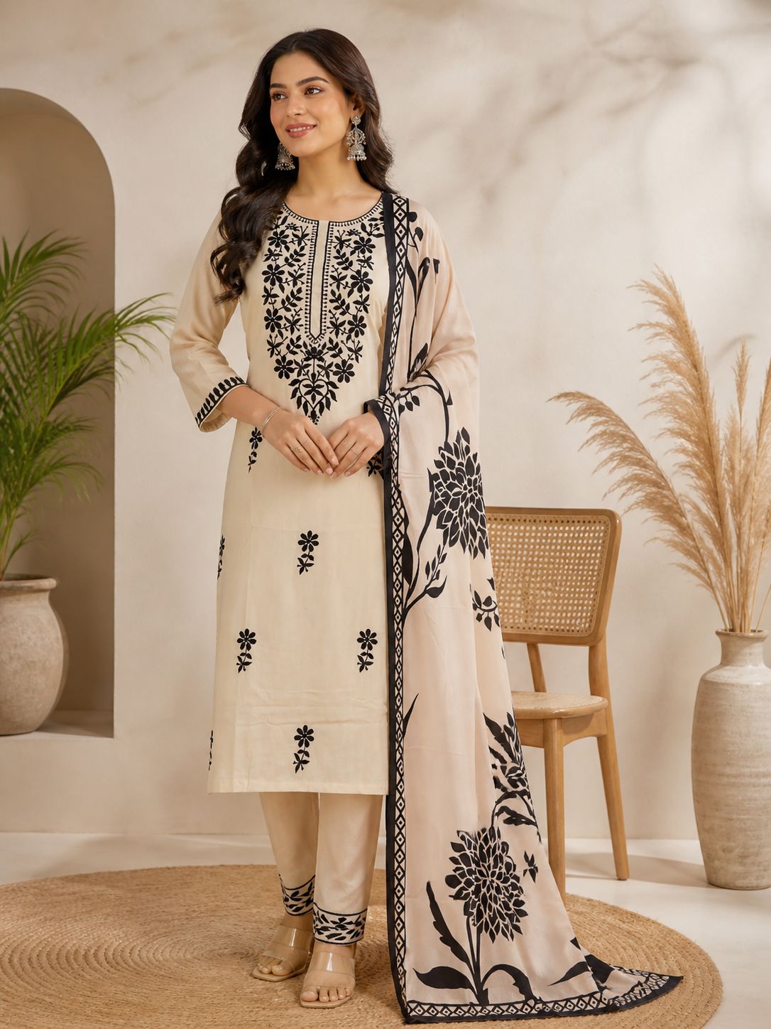 Beautiful Cotton Suit Set With Delicate Neck Embroidery