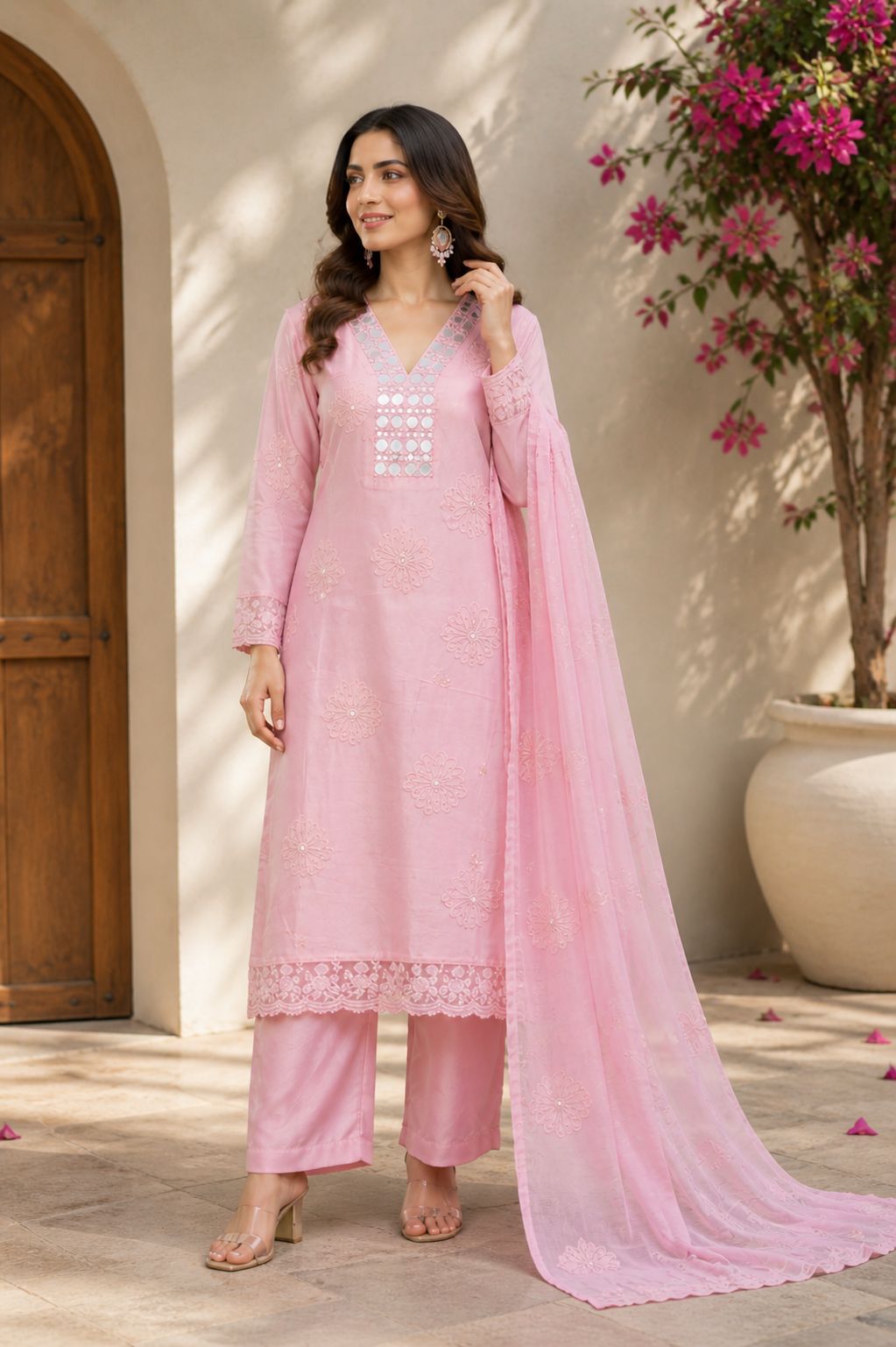 Soft Pink Elegance With Delicate Embroidery & Mirror Neckline