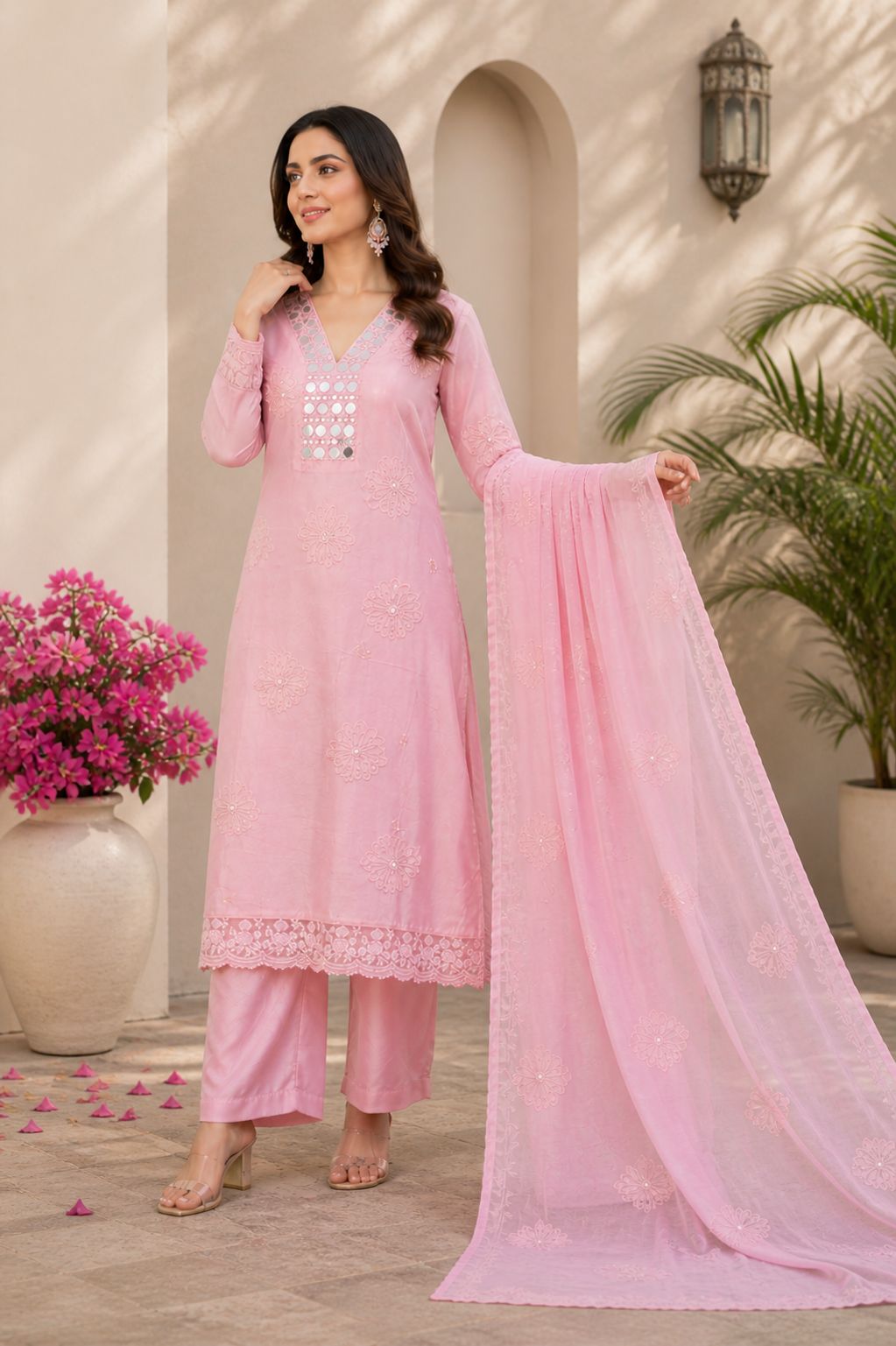 Soft Pink Elegance With Delicate Embroidery & Mirror Neckline