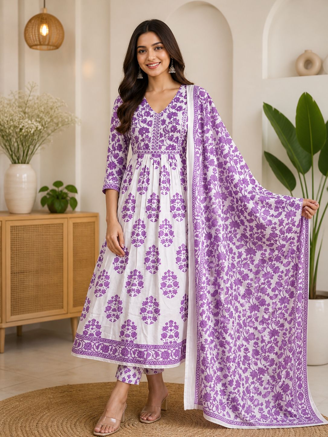 Fresh floral cotton suit set with matching dupatta. Perfect for everyday elegance.