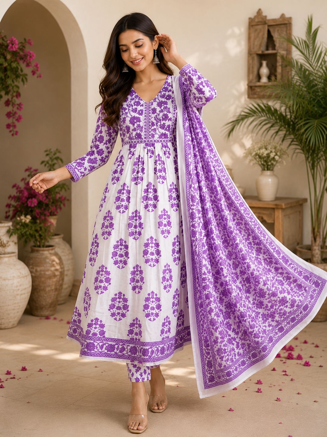 Fresh floral cotton suit set with matching dupatta. Perfect for everyday elegance.