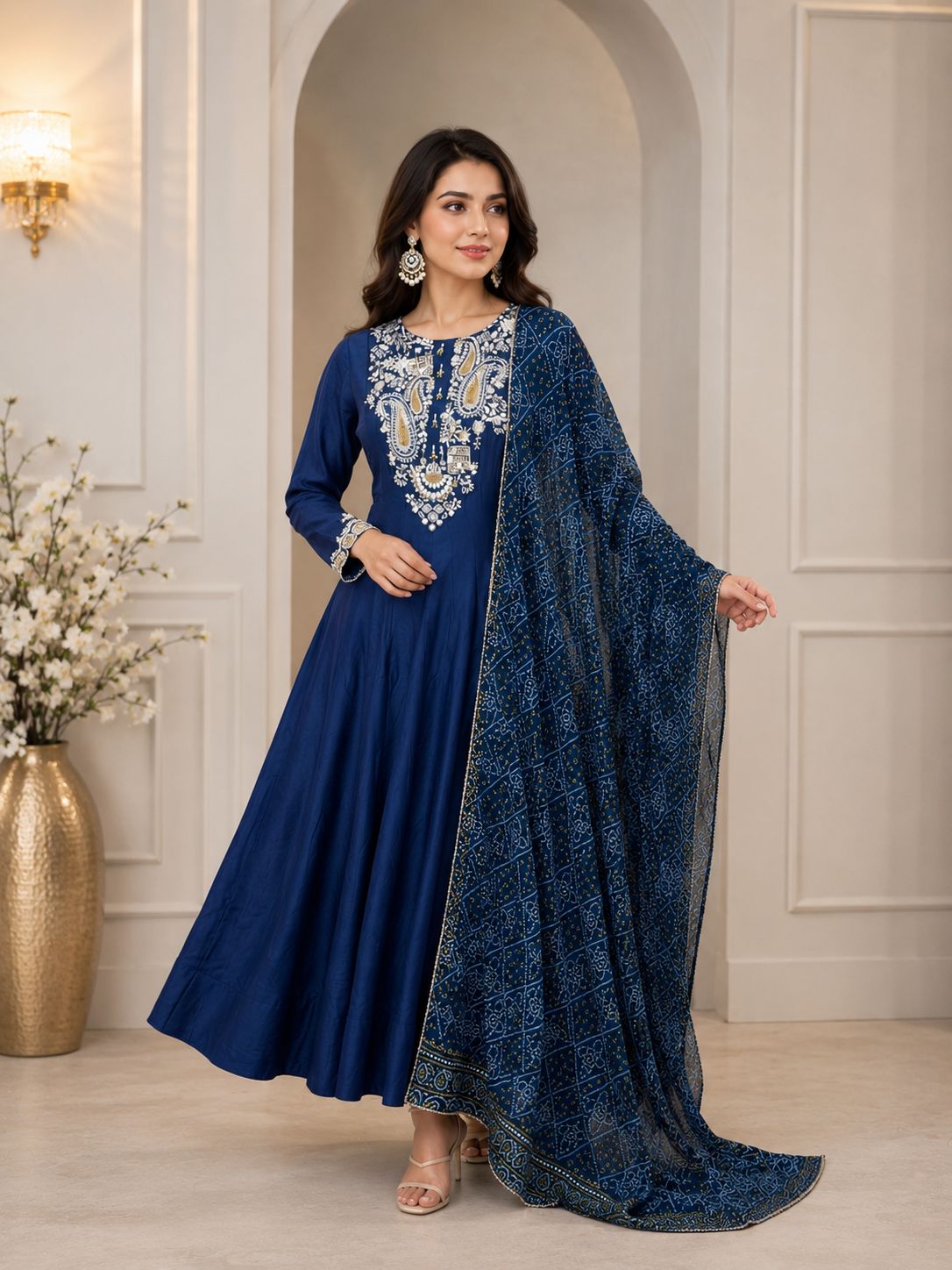 Beautiful navy blue Anarkali with delicate neck work