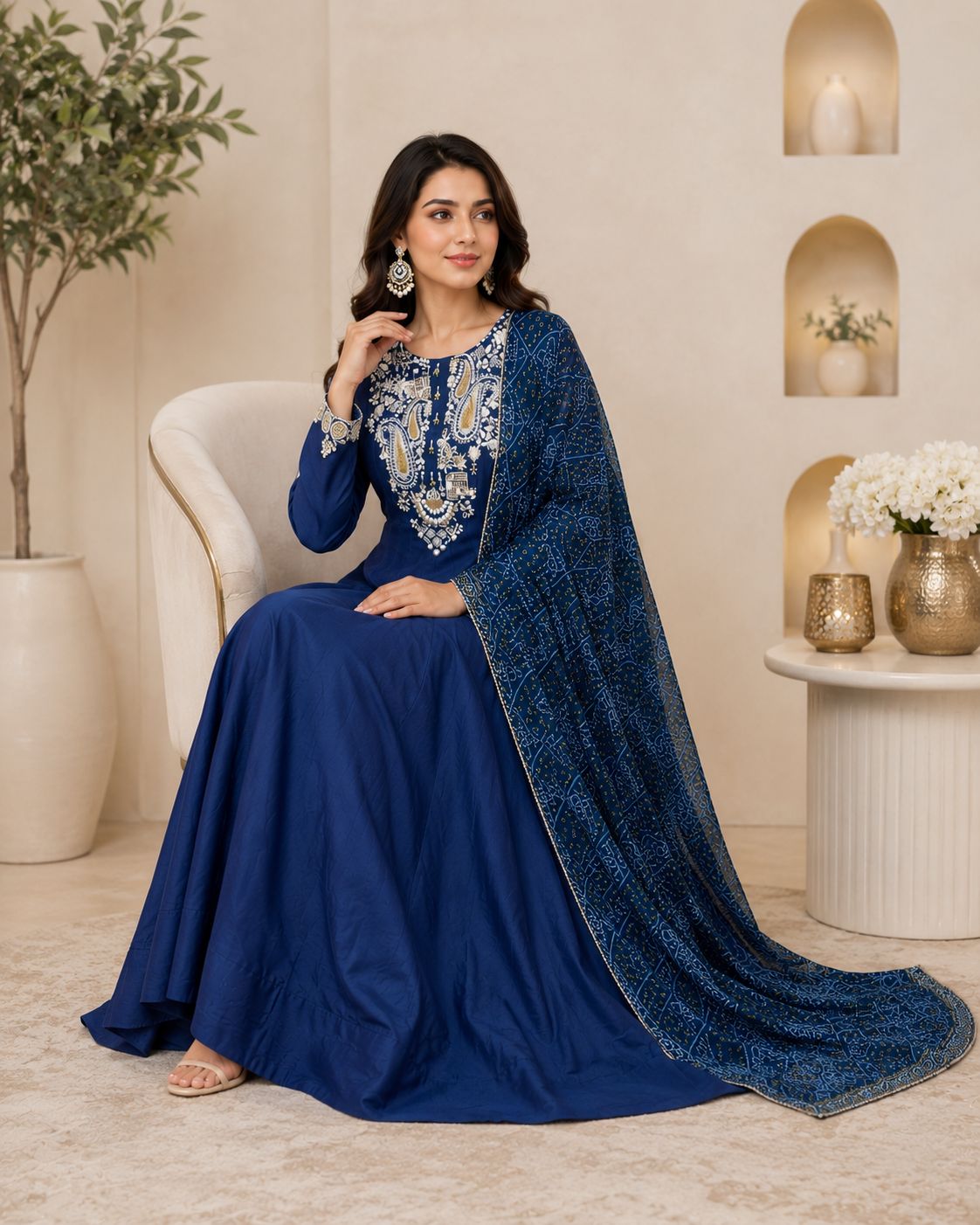 Beautiful navy blue Anarkali with delicate neck work