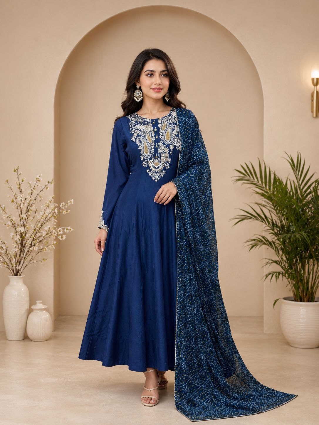 Beautiful navy blue Anarkali with delicate neck work