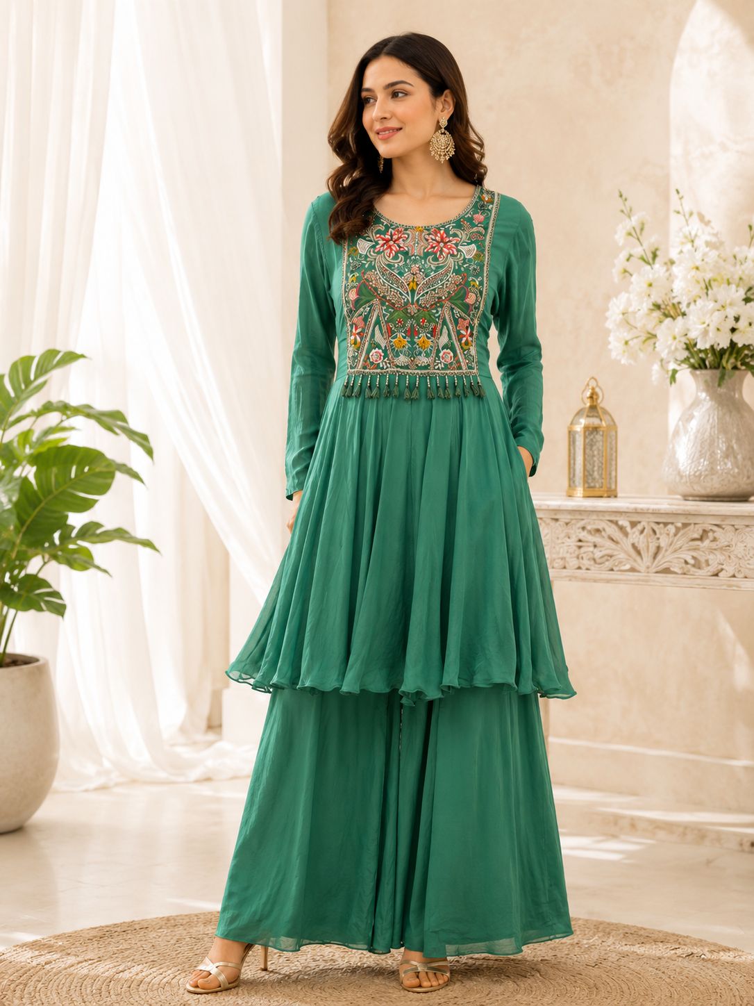 Elegant Green Sharara Suit Set With Beautifully Embroidered Yoke And Soft Flowy Georgette Flare. Lightweight, Graceful And Perfect For Festive Wear, Family Functions And Special Day Events.
