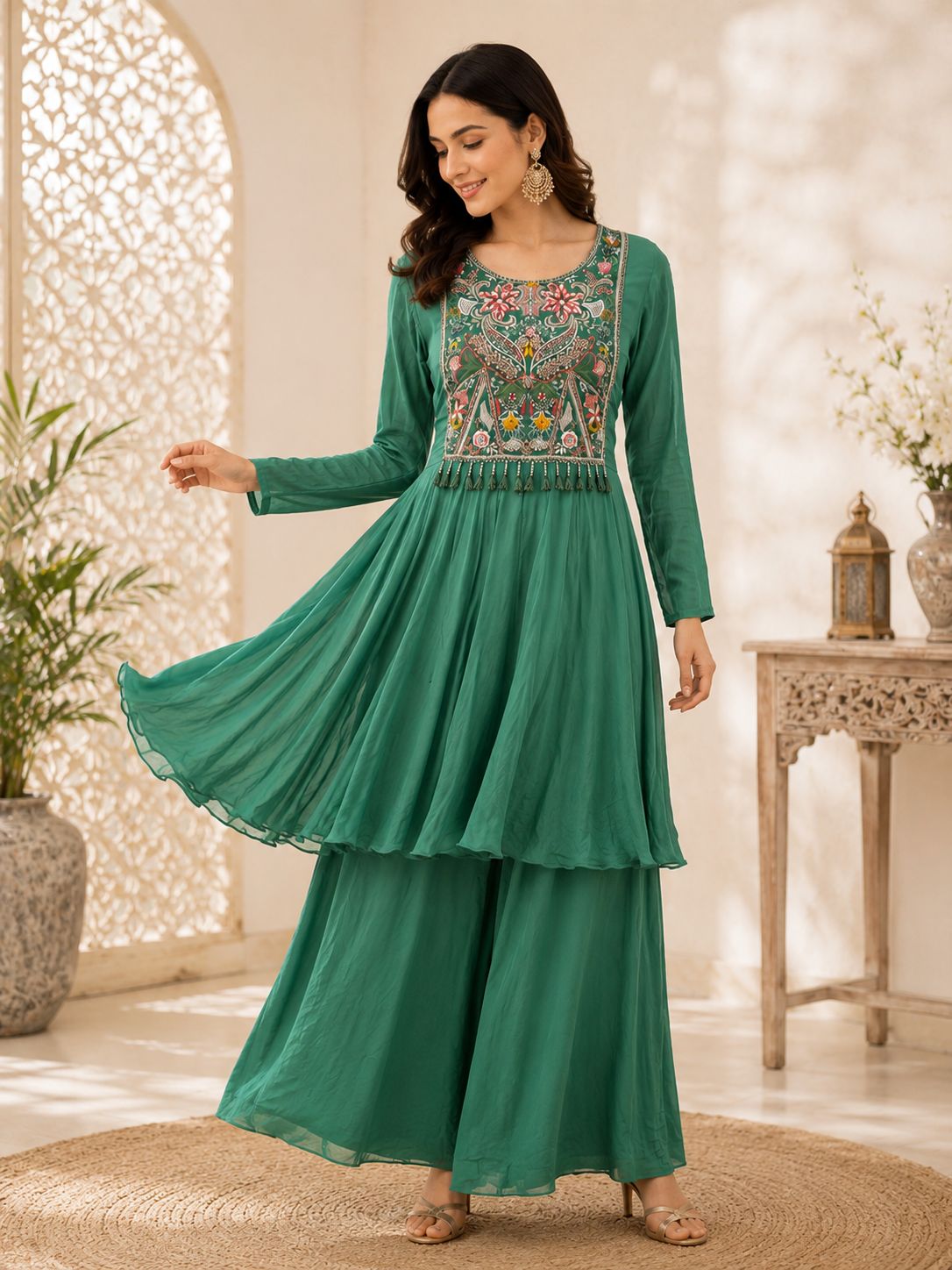 Elegant Green Sharara Suit Set With Beautifully Embroidered Yoke And Soft Flowy Georgette Flare. Lightweight, Graceful And Perfect For Festive Wear, Family Functions And Special Day Events.