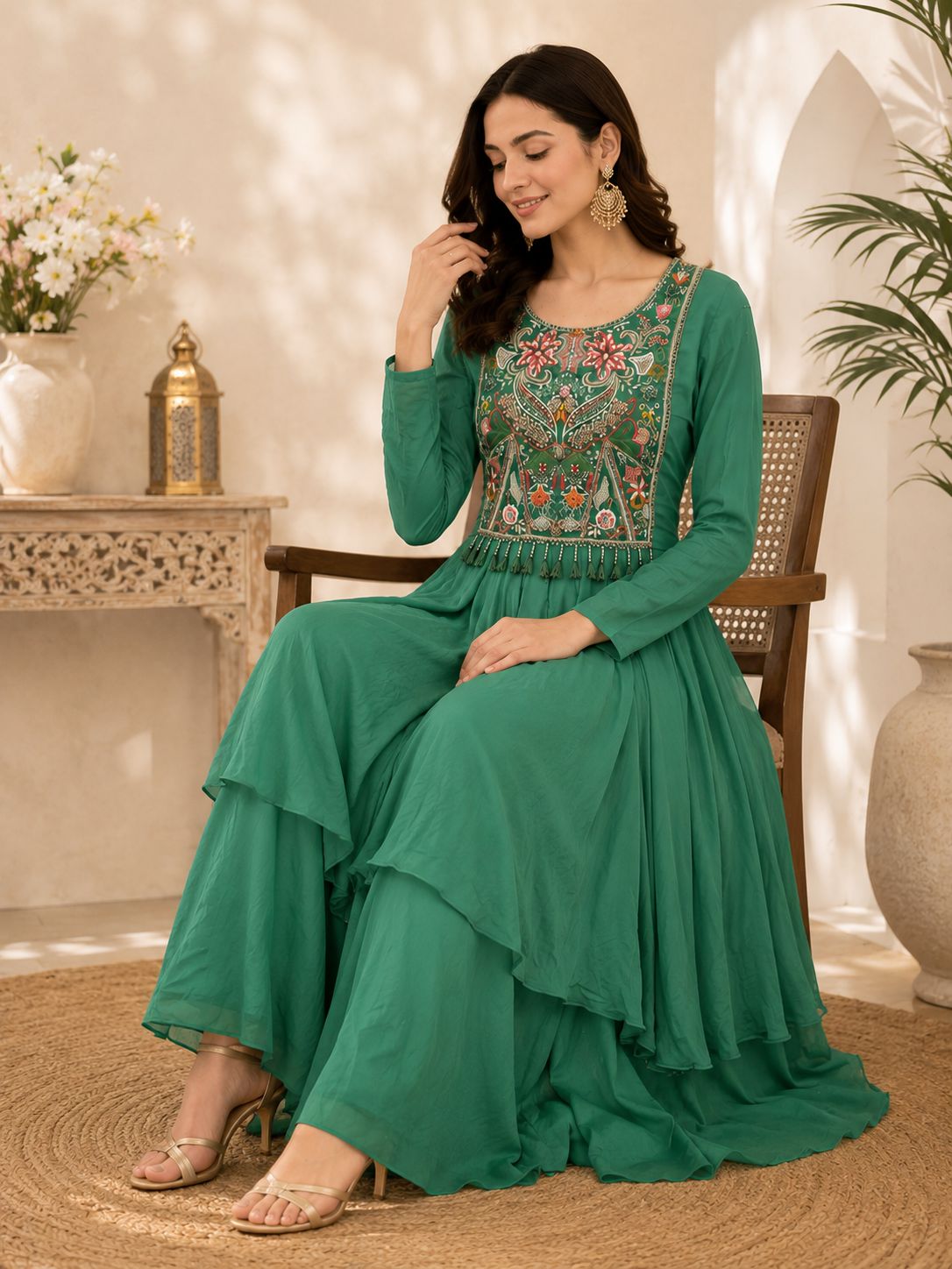 Elegant Green Sharara Suit Set With Beautifully Embroidered Yoke And Soft Flowy Georgette Flare. Lightweight, Graceful And Perfect For Festive Wear, Family Functions And Special Day Events.