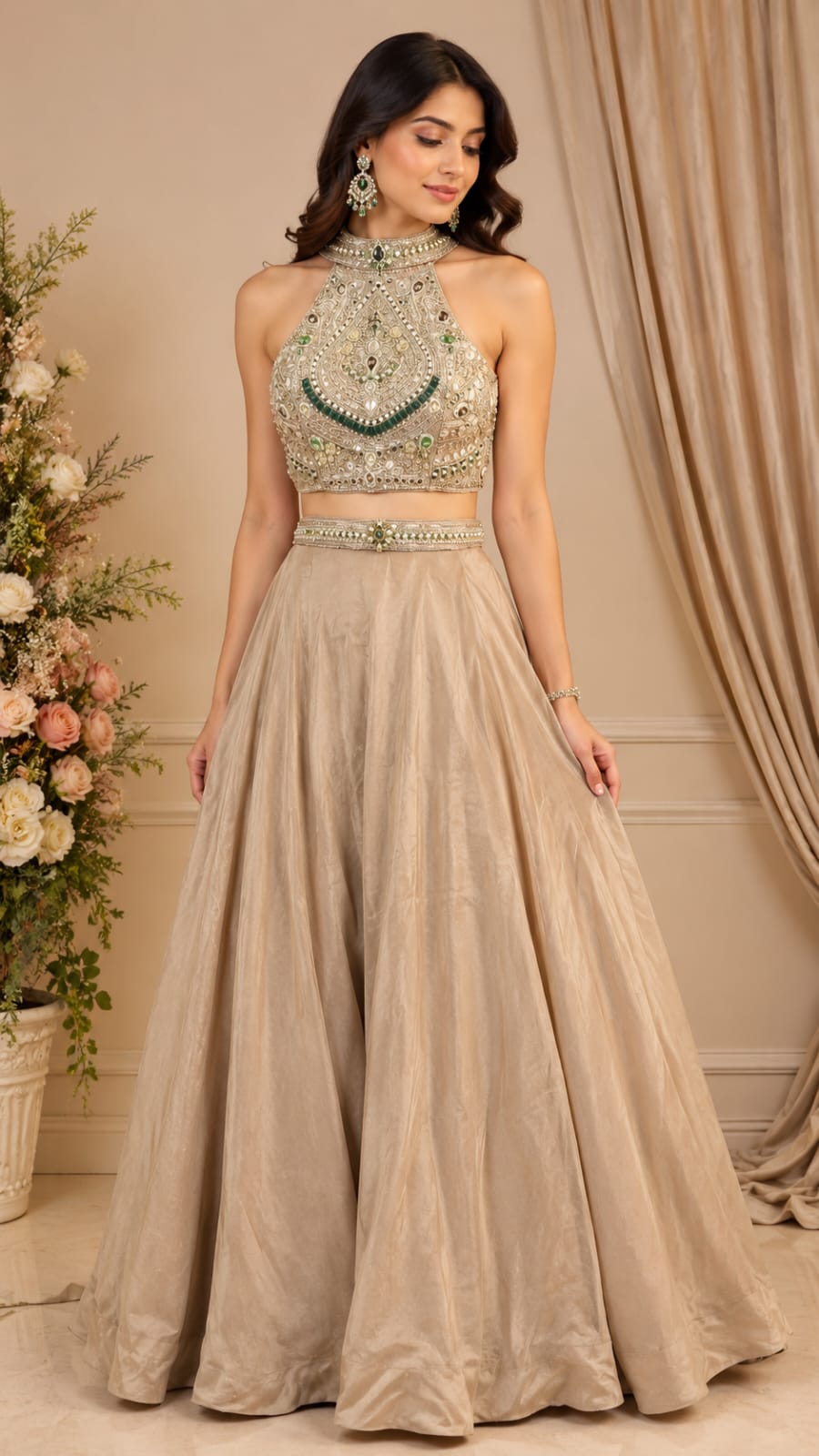 Golden elegance paired with a statement halter neck & intricate emerald detailing for the perfect royal look