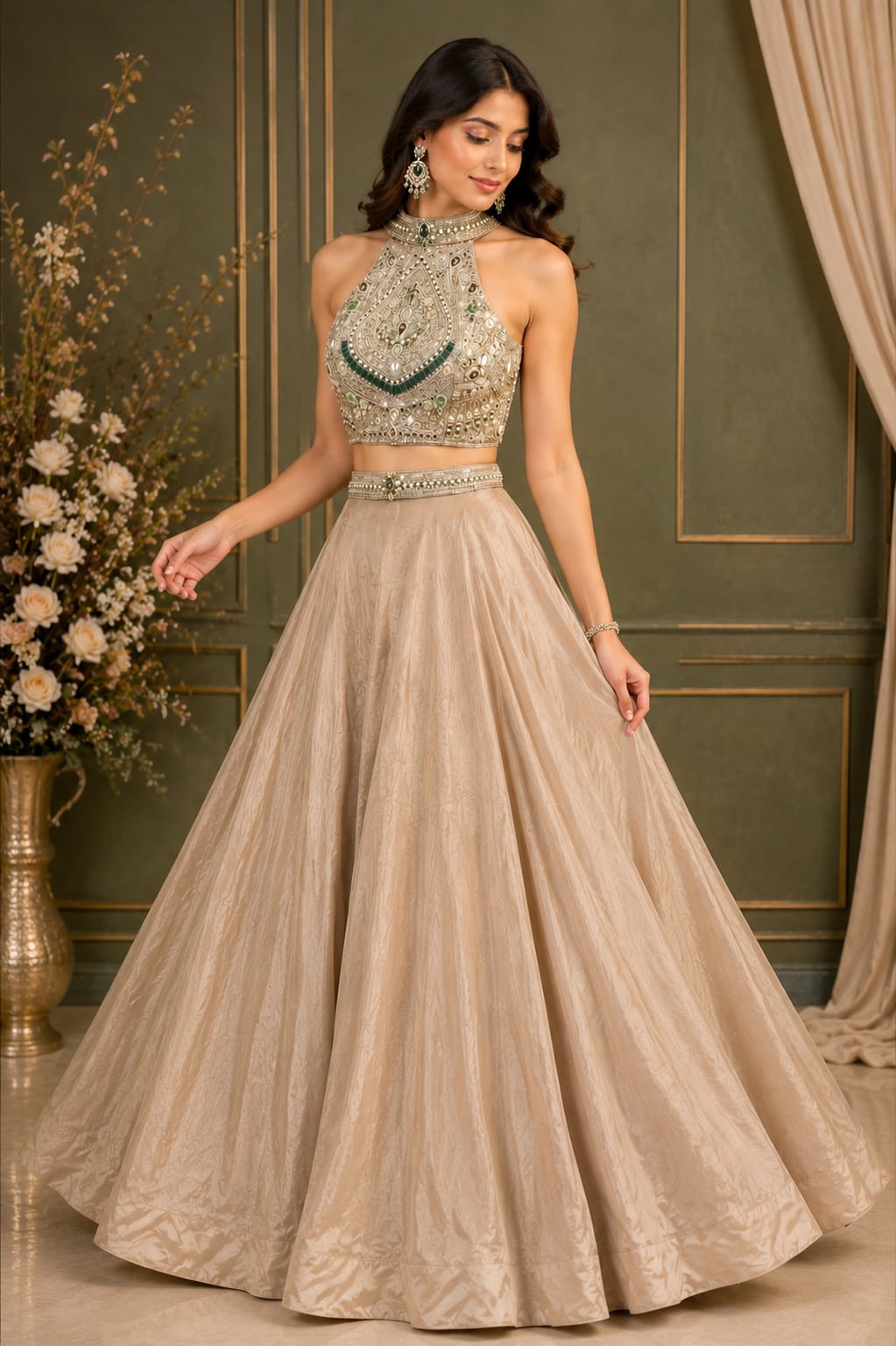 Golden elegance paired with a statement halter neck & intricate emerald detailing for the perfect royal look