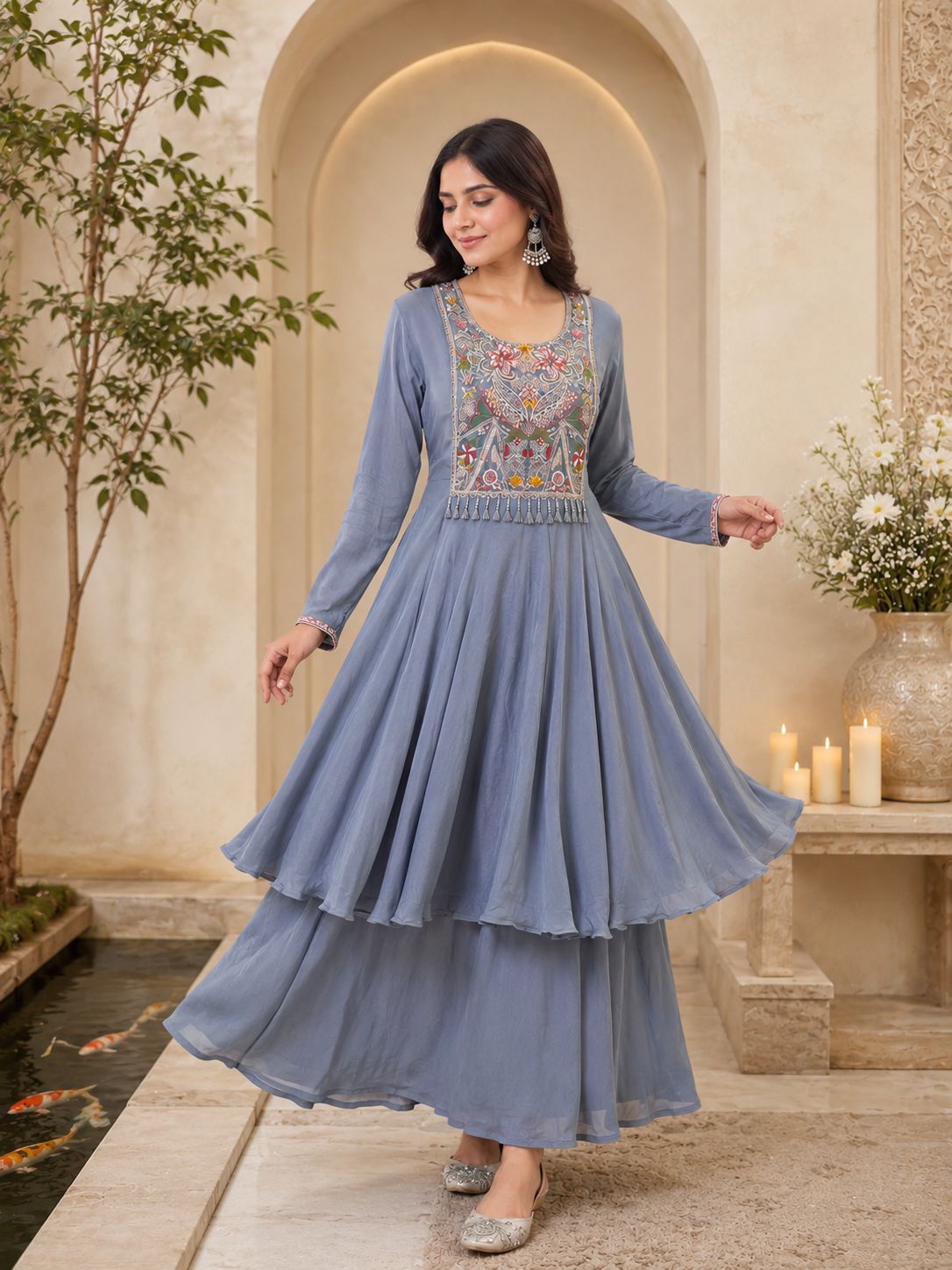 Embroidered Short Kurti Wth Flared Palazzo Set