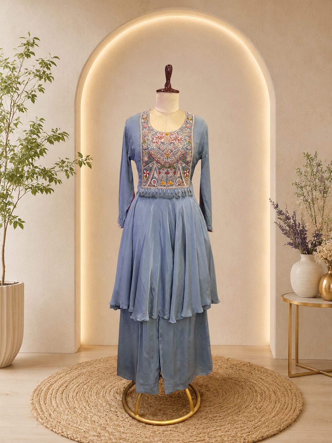 Embroidered Short Kurti Wth Flared Palazzo Set