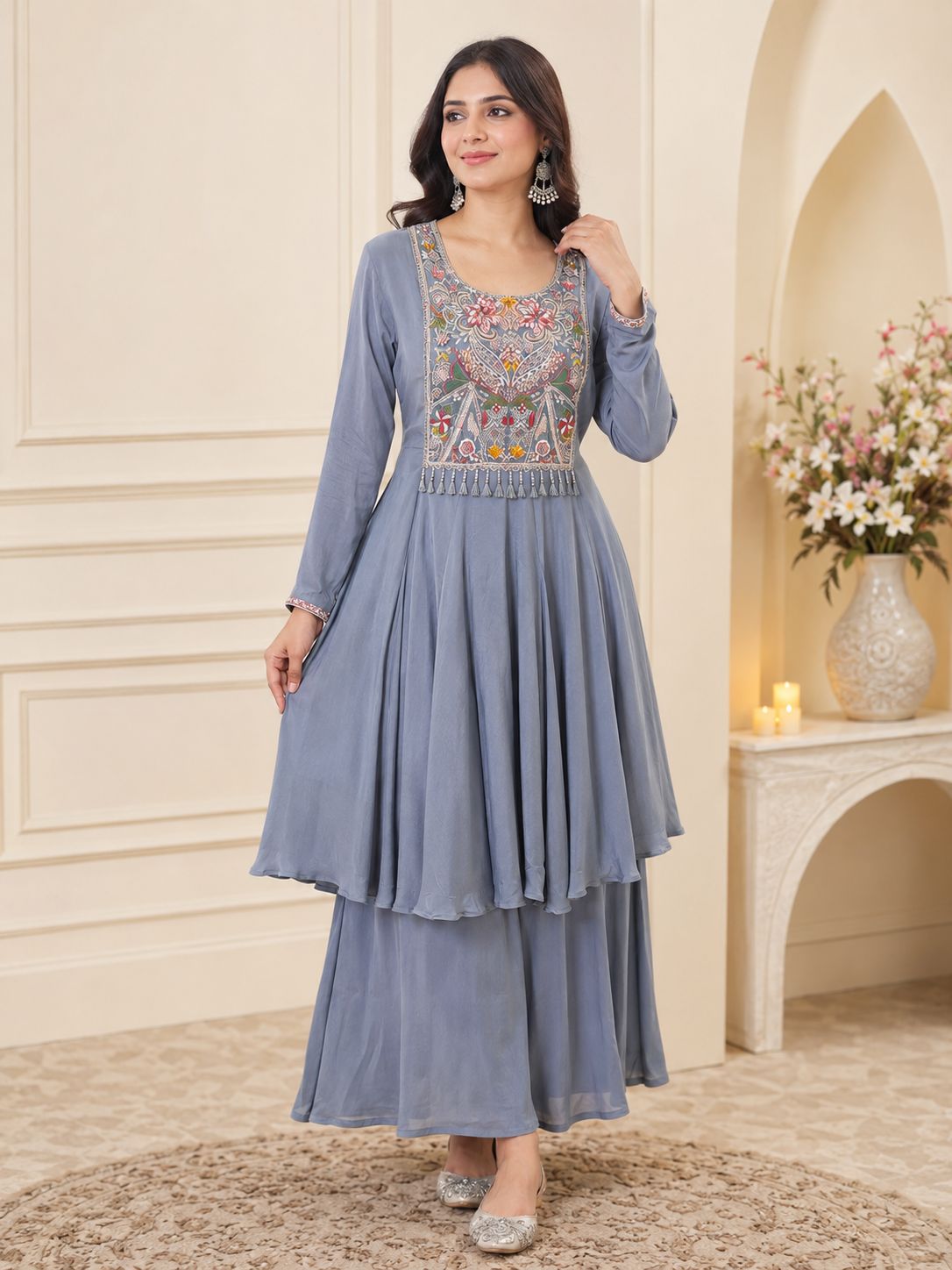 Embroidered Short Kurti Wth Flared Palazzo Set