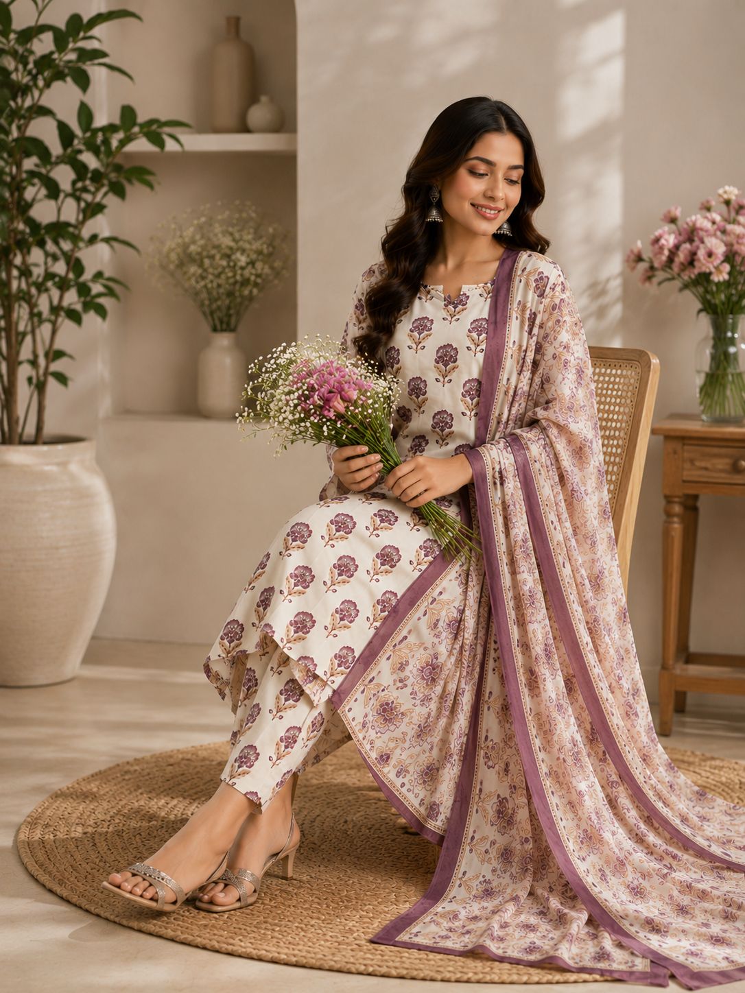 Beautiful cotton suit set with delicate floral prints