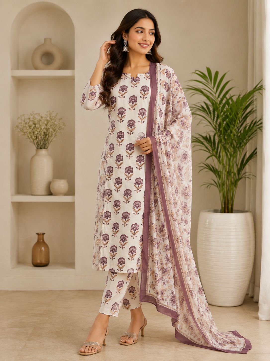 Beautiful cotton suit set with delicate floral prints
