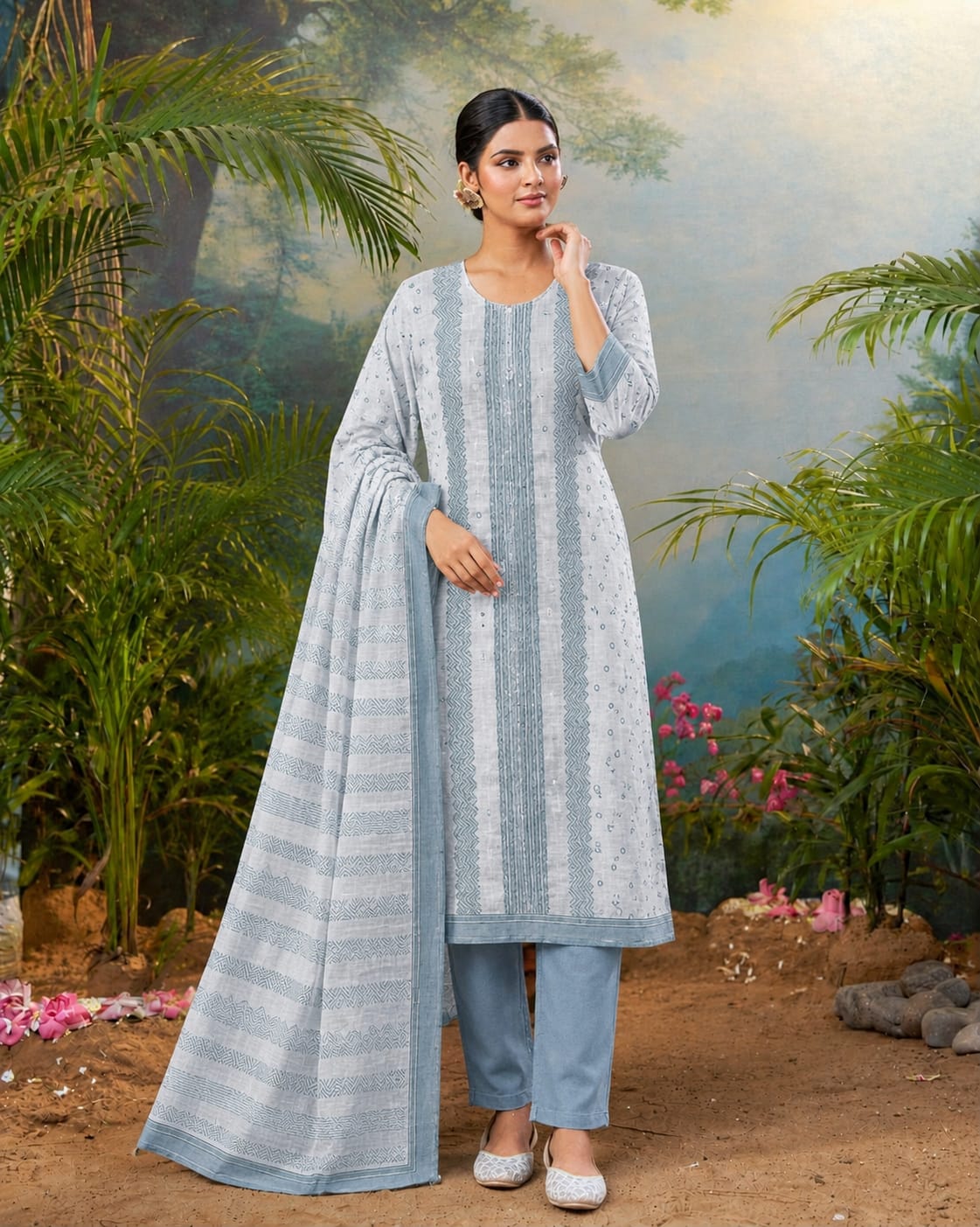 Elegant Light Blue Printed Kurta Set with Dupatta