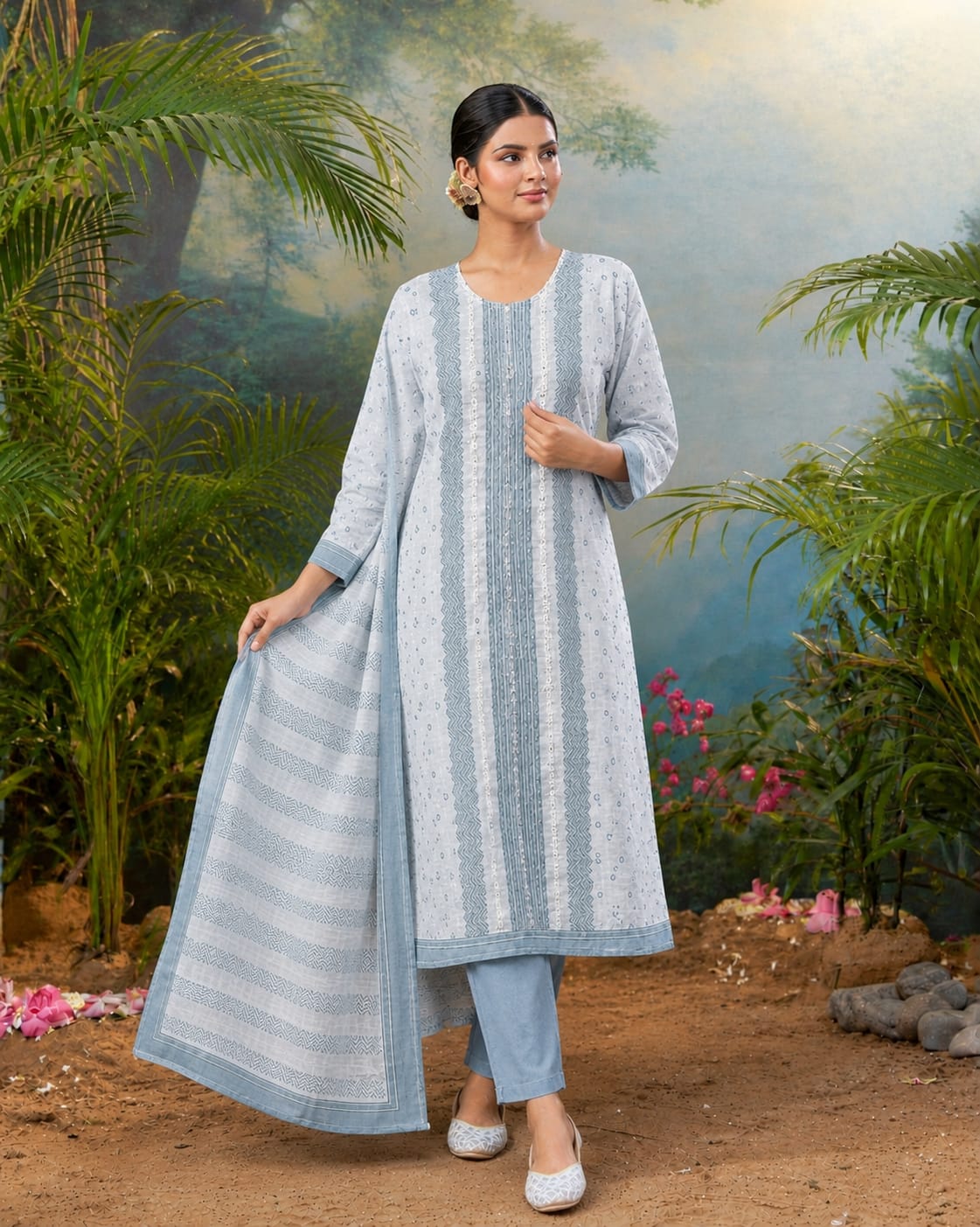 Elegant Light Blue Printed Kurta Set with Dupatta