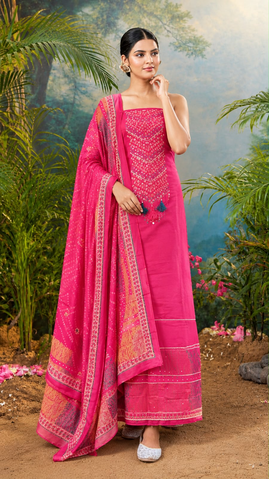 Unstitched Suit Set with Printed Dupatta and Yoke Detailing