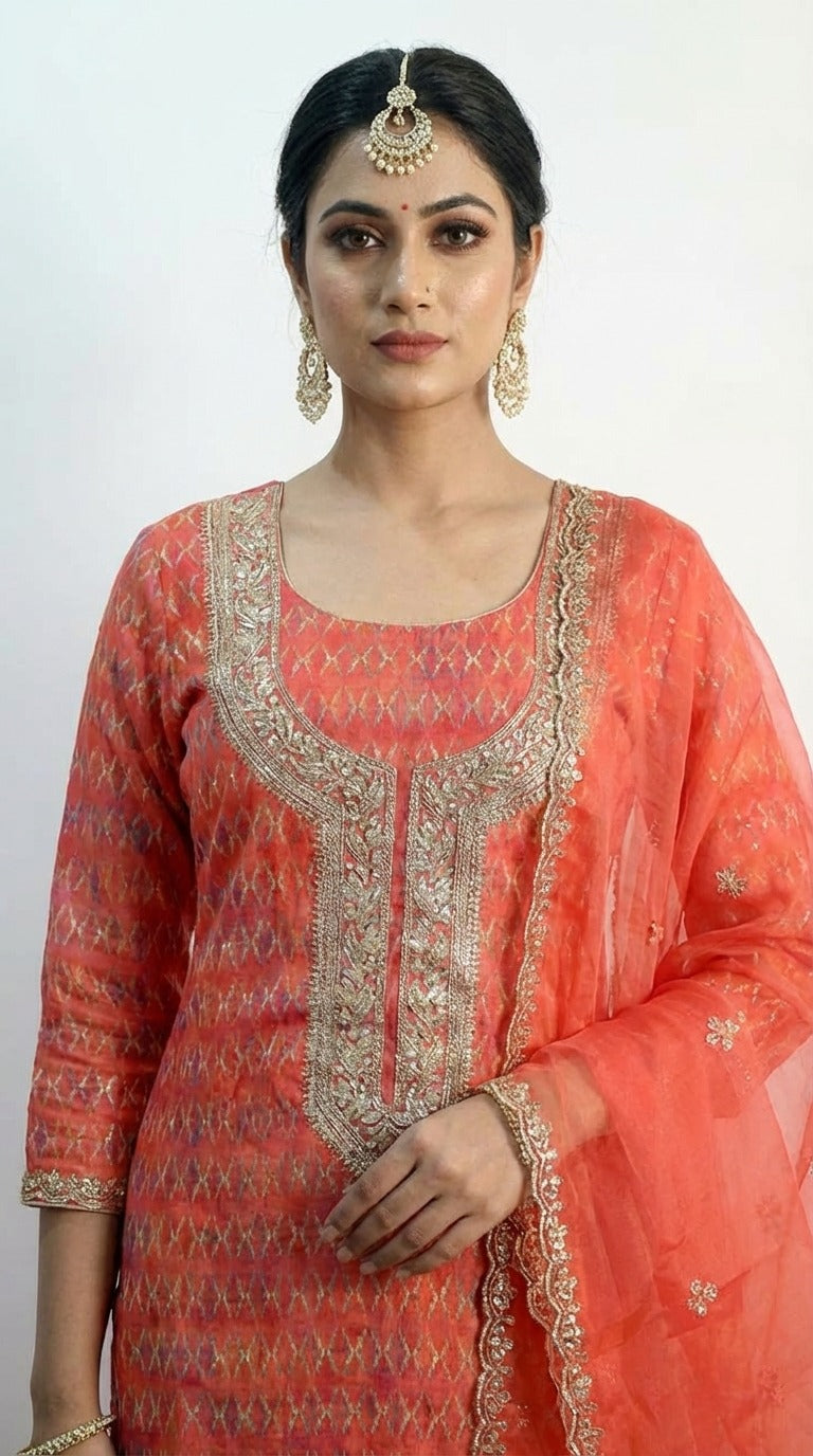 Coral Cotton Organza Unstitched Suit Fabric