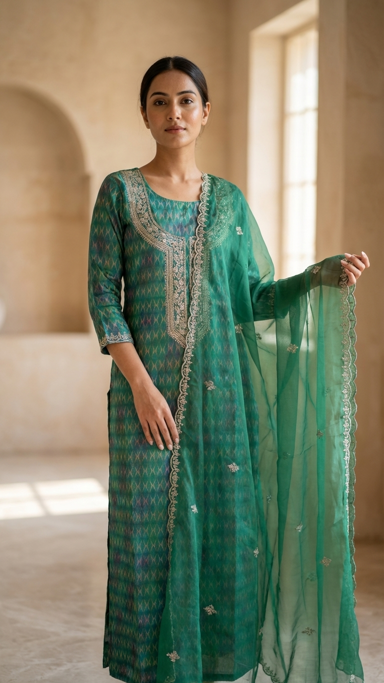 Green Cotton Organza Unstitched Suit Fabric