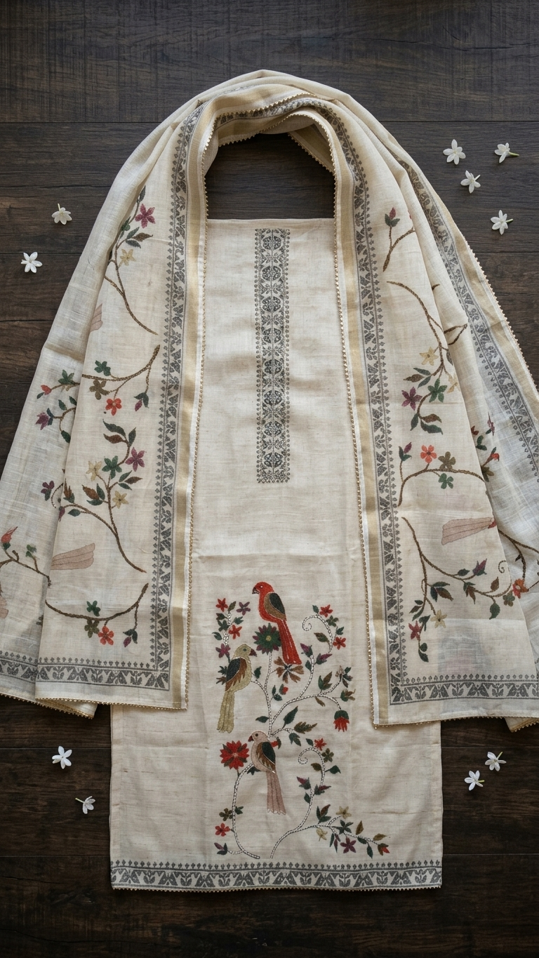 Ivory Print Bird Motif Cotton Unstitched Suit Fabric