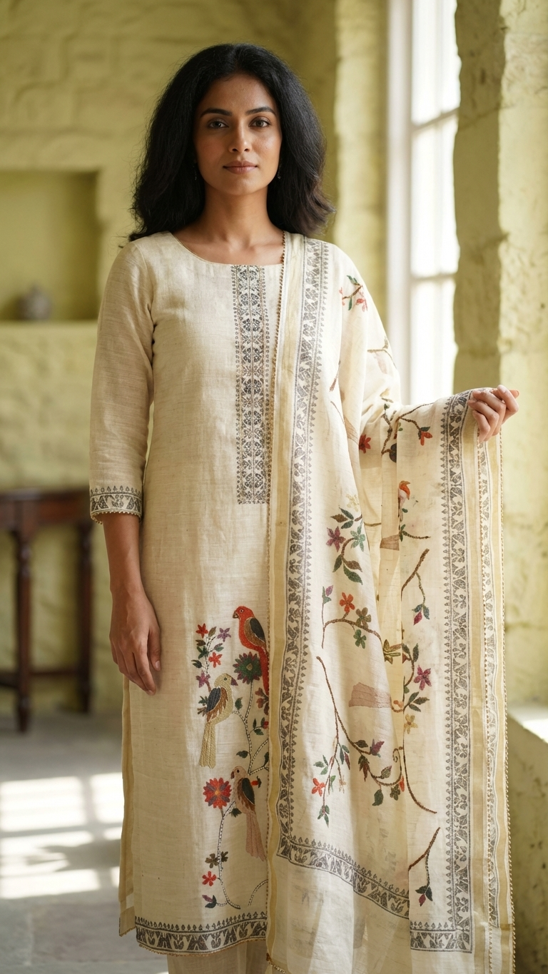 Ivory Print Bird Motif Cotton Unstitched Suit Fabric