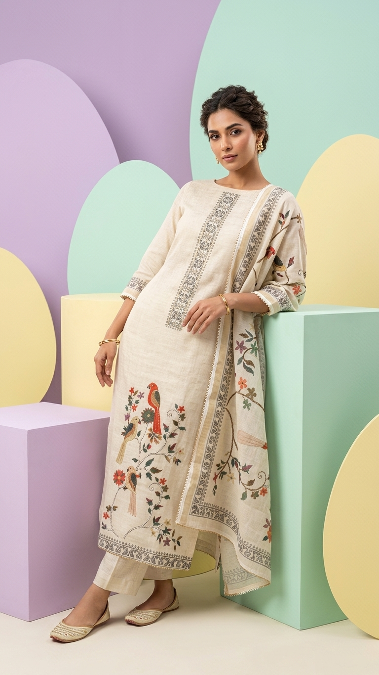 Ivory Print Bird Motif Cotton Unstitched Suit Fabric
