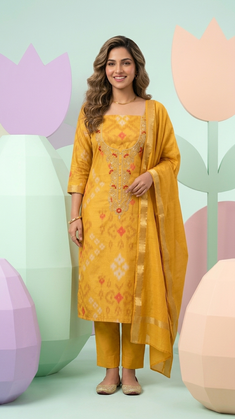 Mustard Yellow Cotton Unstitched Suit Fabric
