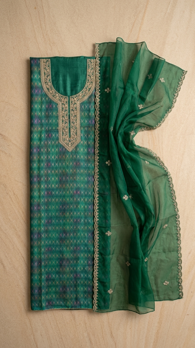 Green Cotton Organza Unstitched Suit Fabric